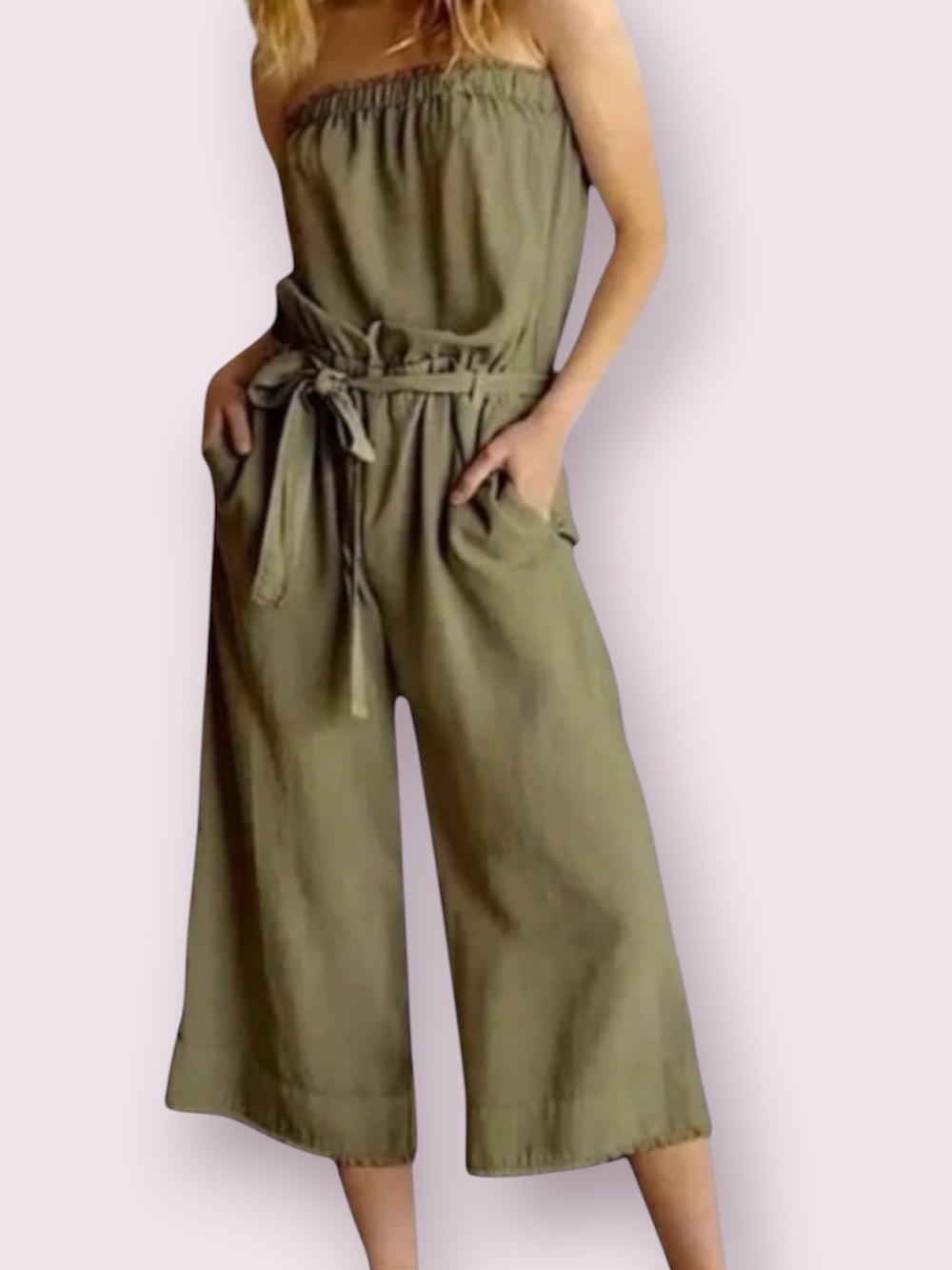 Anthropologie Cloth & Stone Strapless Jumpsuit Wide Cropped Leg Green Size XS
